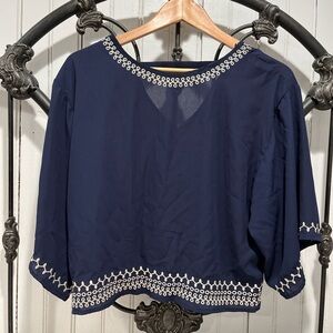Monteau Boho Sheer Navy Embroidered Top